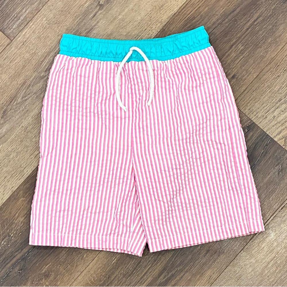Kelly's Kids Pink and Teal Stripe Swim Trunks Suit Beach Seersucker 5/6 Boys